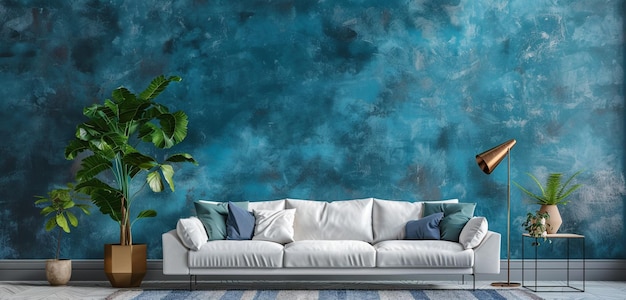 ein Wohnzimmer mit einer blauen Wand und einem weißen Sofa mit einem blau-weißen Sofa