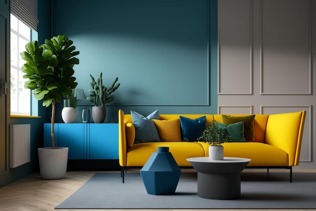 Ein Wohnzimmer mit einer blauen Wand und einer gelben Couch mit einer Pflanze in der Ecke.