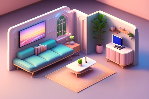 Ein Wohnzimmer mit einer Couch, einem Couchtisch, einem Couchtisch und einem Fernseher an der Wand.