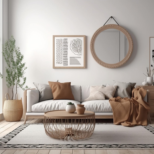 Ein Wohnzimmer mit einer Couch, einem Couchtisch, einem Spiegel und einer Pflanze an der Wand.