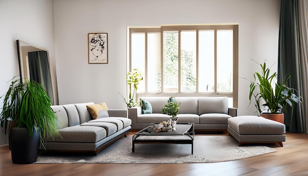 Ein Wohnzimmer mit einer Couch, einem Couchtisch und einer Pflanze