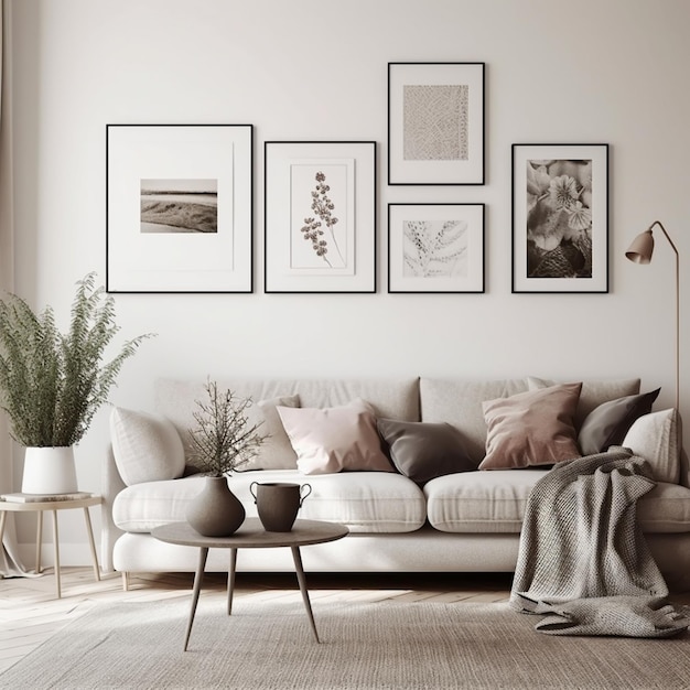Ein Wohnzimmer mit einer Couch, einem Tisch, einer Pflanze und einer Pflanze an der Wand.