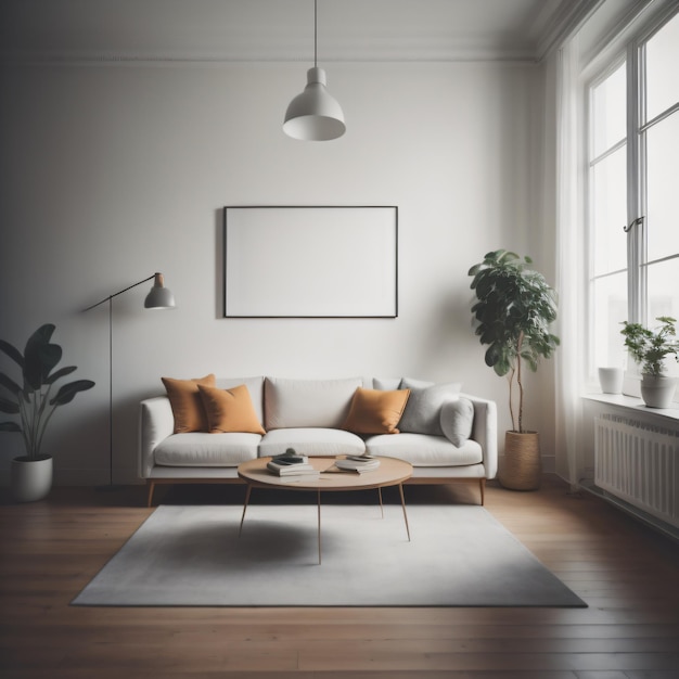 Foto ein wohnzimmer mit einer couch, einem tisch und einer pflanze in der ecke.