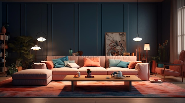 Ein Wohnzimmer mit einer Couch und einem Couchtisch mit einer blauen Wand dahinter.