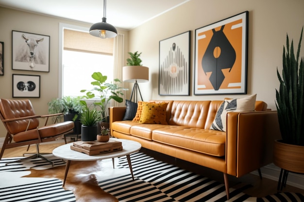 Ein Wohnzimmer mit einer Couch und einem Couchtisch mit einer Pflanze an der Wand.