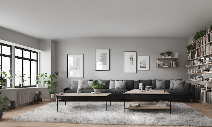Foto ein wohnzimmer mit einer couch und einem couchtisch mit einer pflanze an der wand.