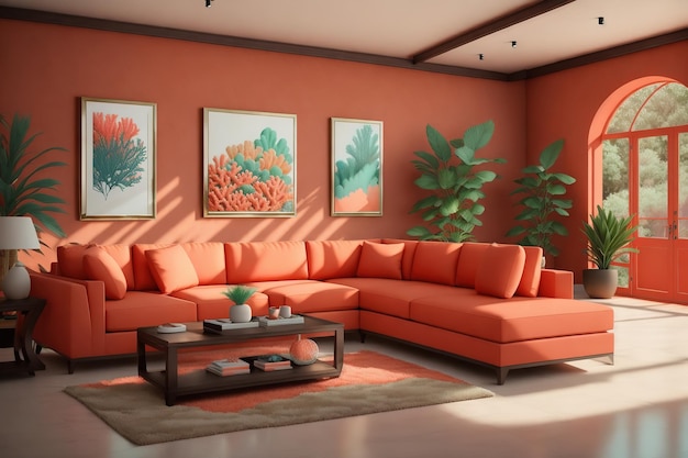 Ein Wohnzimmer mit einer Couch und einem Couchtisch mit einer Pflanze darauf.