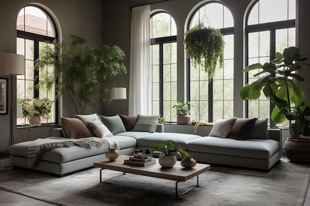 Ein Wohnzimmer mit einer Couch und einem Couchtisch mit einer Pflanze, die von der Decke hängt.