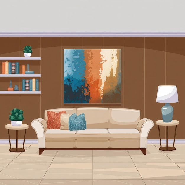 ein Wohnzimmer mit einer Couch und einem Gemälde an der Wand