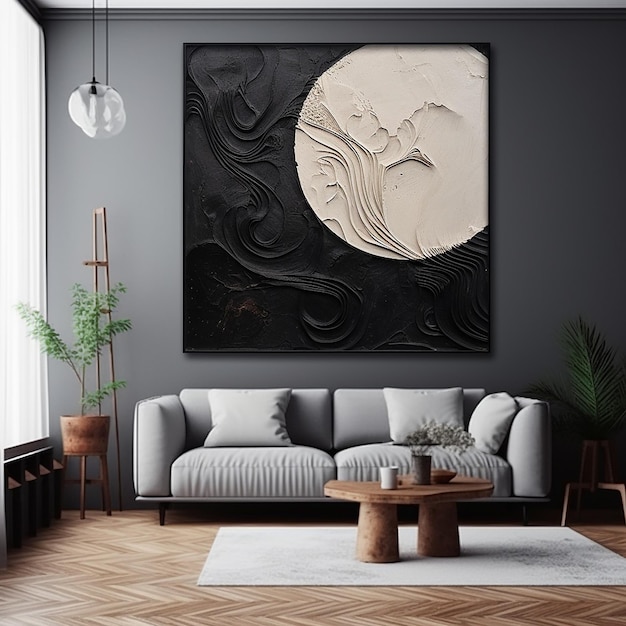 Ein Wohnzimmer mit einer Couch und einem Gemälde an der Wand