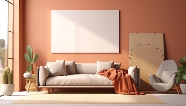 Ein Wohnzimmer mit einer Couch und einem großen weißen Poster an der Wand.