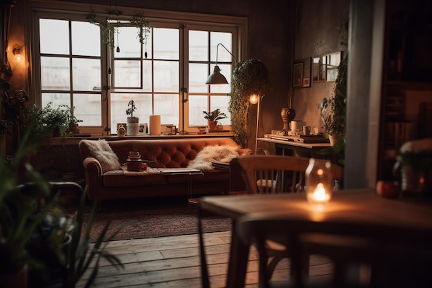 Ein Wohnzimmer mit einer Couch und einem Tisch mit einer Lampe darauf