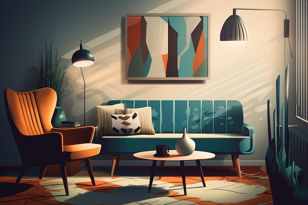 Ein Wohnzimmer mit einer Couch und einer Lampe an der Wand Generative ai