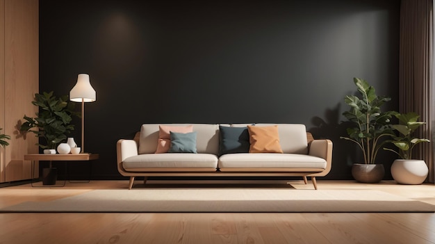 ein Wohnzimmer mit einer Couch und einer Lampe an der Wand