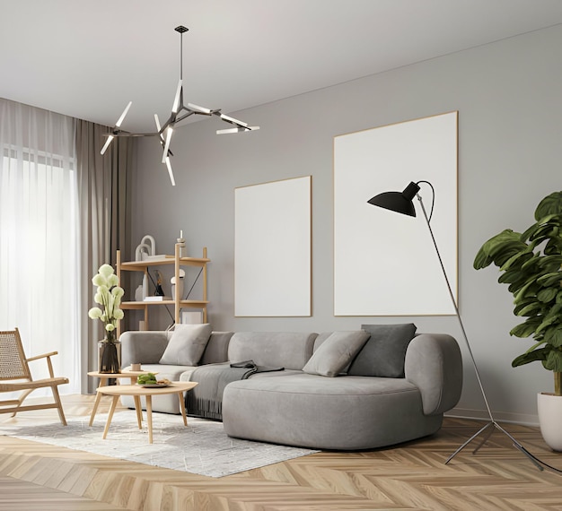 ein Wohnzimmer mit einer Couch und einer Lampe auf dem Boden
