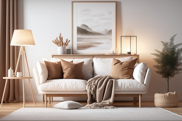 Ein Wohnzimmer mit einer Couch und einer Lampe mit einem Gemälde an der Wand.