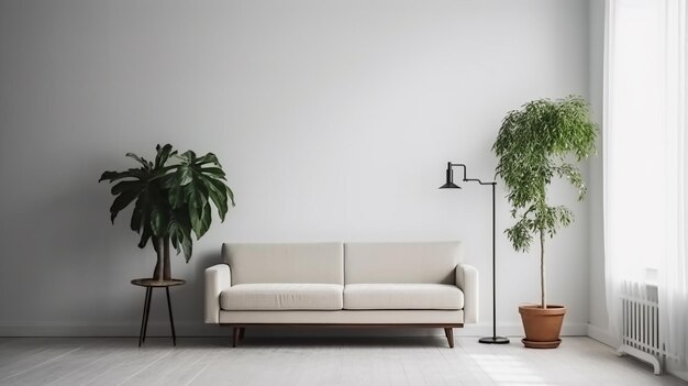 Ein Wohnzimmer mit einer Couch und einer Pflanze an der Wand.