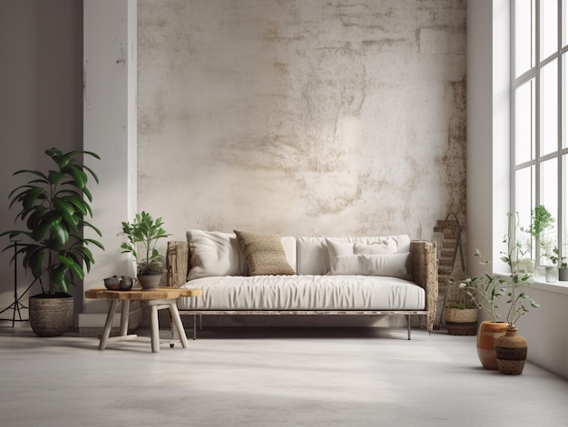 Ein Wohnzimmer mit einer Couch und einer Pflanze an der Wand