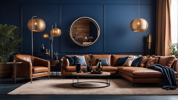 Ein Wohnzimmer mit einer dunkelblauen Wand, einer braunen Ledercouch und goldenen Akzenten
