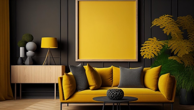 Ein Wohnzimmer mit einer gelben Couch und einem großen Bilderrahmen