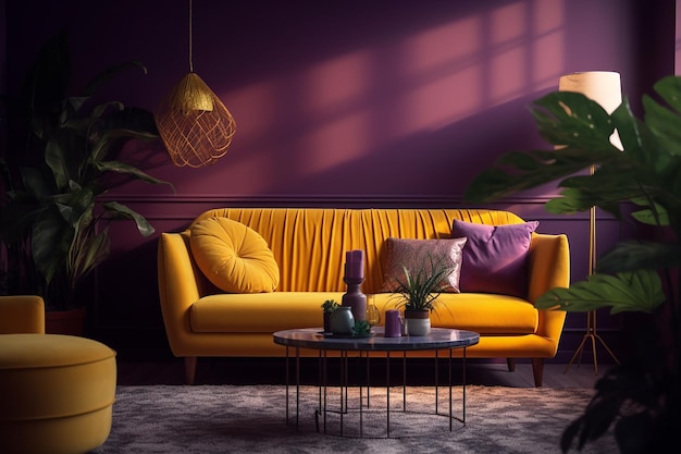 Ein Wohnzimmer mit einer gelben Couch und einer Pflanze in der Ecke.