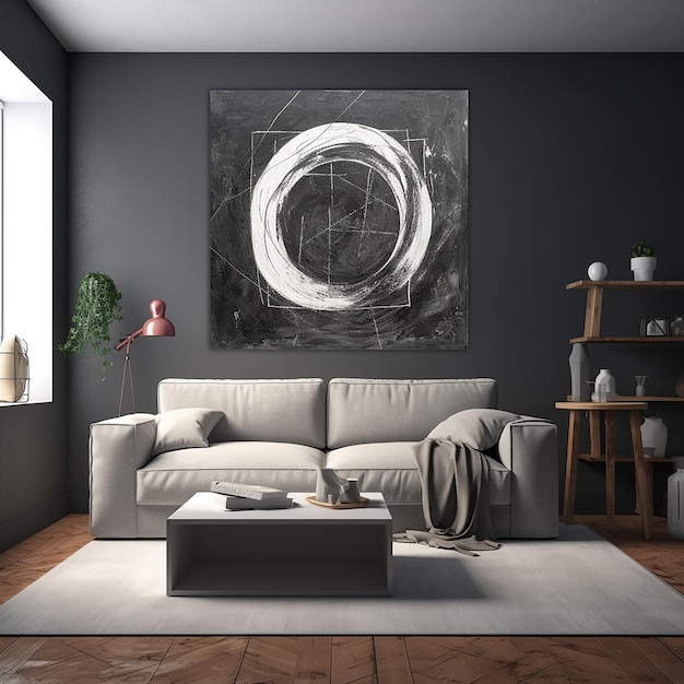 ein Wohnzimmer mit einer grauen Couch und einem großen Schwarz-Weiß-Gemälde.