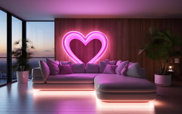 Ein Wohnzimmer mit einer großen Couch und einem Neonherz an der Wand KI