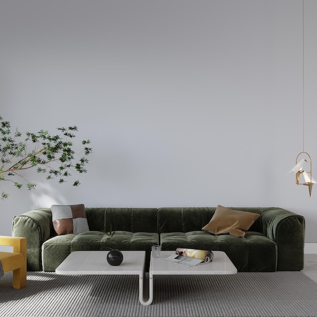Ein Wohnzimmer mit einer grünen Couch und einem weißen Tisch mit einer Pflanze darauf.