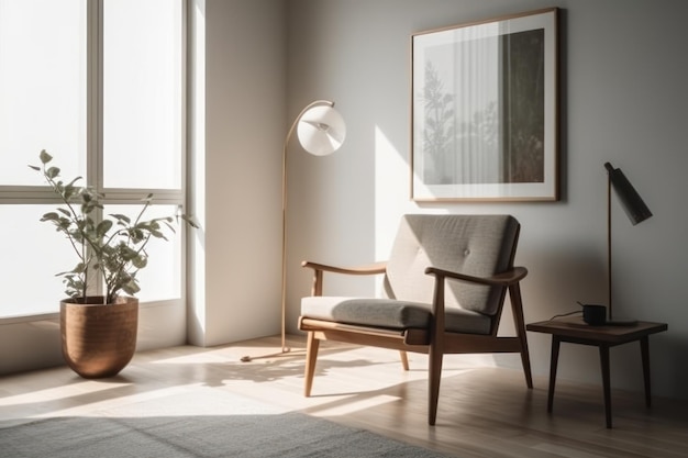 Ein Wohnzimmer mit einer Lampe und einer Pflanze an der Wand