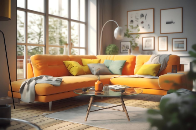 Ein Wohnzimmer mit einer leuchtend orangefarbenen Couch und einem Glastisch mit Glasplatte.