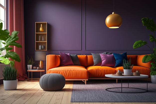 Ein Wohnzimmer mit einer lila Wand und einer Couch mit orangefarbenen Kissen und einem Couchtisch.
