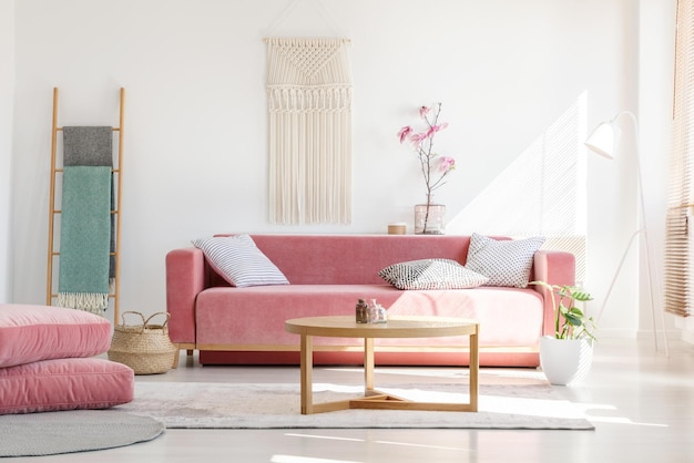 Ein Wohnzimmer mit einer rosa Couch und einer Pflanze an der Seite.