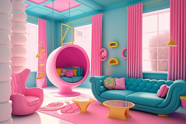 Ein Wohnzimmer mit einer rosa Couch und einer runden Kugel mit einem rosa Kissen darauf.