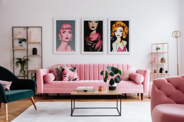 Ein Wohnzimmer mit einer rosa Couch und Stühlen. Generatives KI-Bild