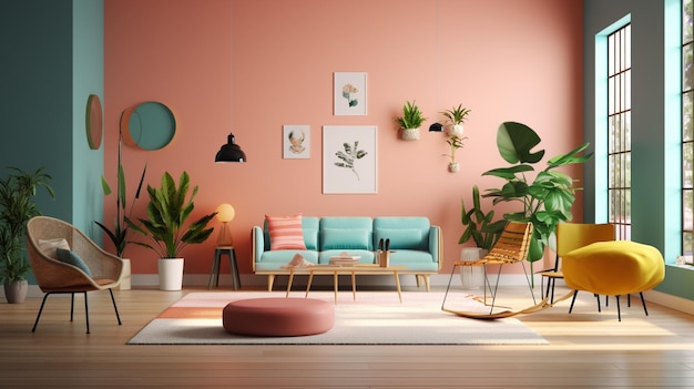 Ein Wohnzimmer mit einer rosa Wand und einem blauen Sofa.