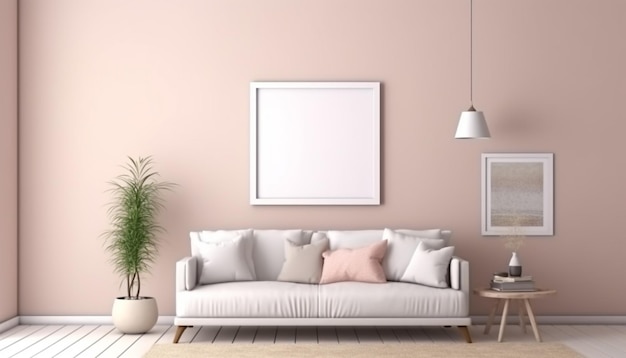 Ein Wohnzimmer mit einer rosa Wand und einem weißen Sofa.