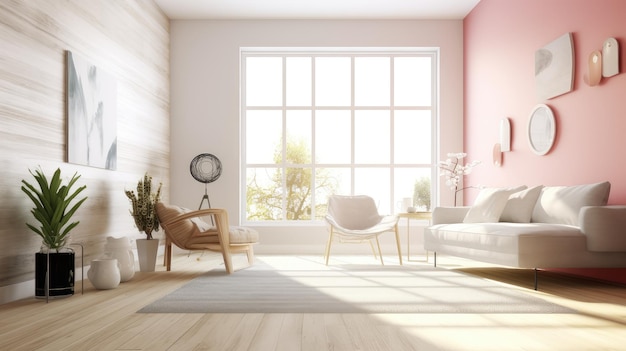 Ein Wohnzimmer mit einer rosa Wand und einer weißen Couch und einem Fenster mit einem weißen Vorhang.