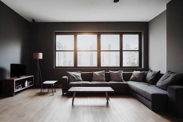Ein Wohnzimmer mit einer schwarzen Couch und einer Lampe an der Wand