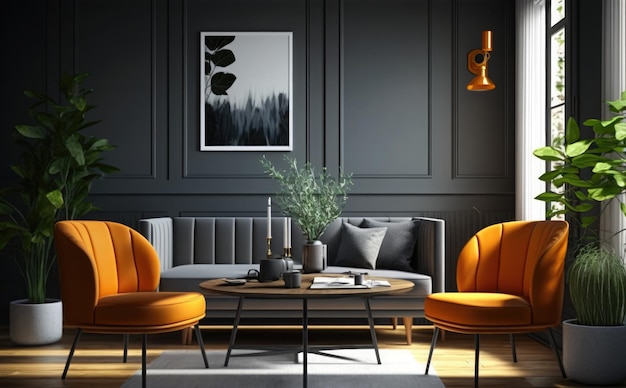 Ein Wohnzimmer mit einer schwarzen Wand und orangefarbenen Stühlen.
