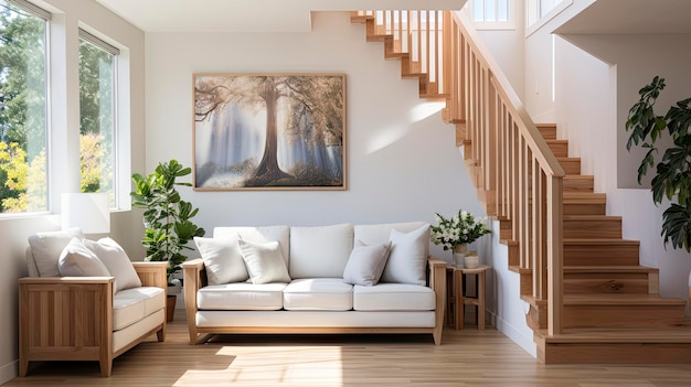 ein Wohnzimmer mit einer Treppe und einem Gemälde an der Wand
