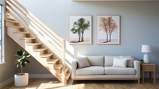ein Wohnzimmer mit einer Treppe und einem Gemälde mit Bäumen an der Wand