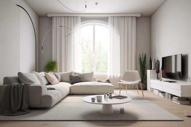 Ein Wohnzimmer mit einer weißen Couch und einem Couchtisch mit einem großen Fenster dahinter.