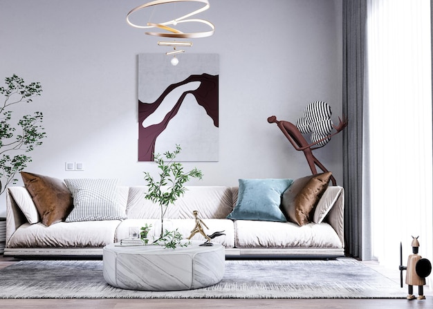 Ein Wohnzimmer mit einer weißen Couch und einem Gemälde an der Wand sowie Holzboden und Teppich