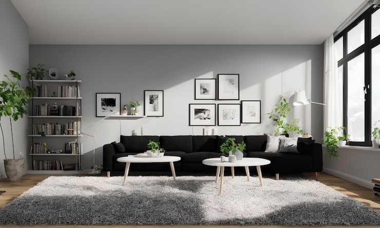 Foto ein wohnzimmer mit einer weißen couch und einem weißen couchtisch mit einem weißen tisch und zwei weißen couchtischen.