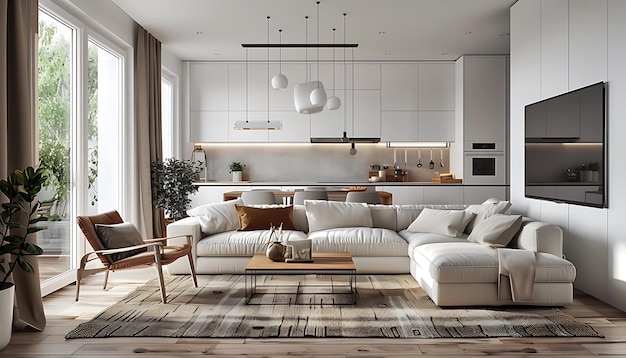 Foto ein wohnzimmer mit einer weißen couch und einem weißen sofa