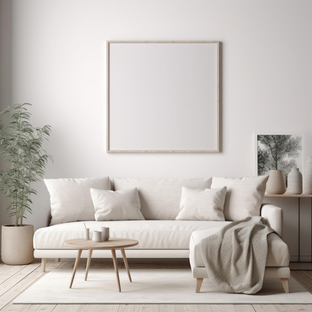 Ein Wohnzimmer mit einer weißen Couch und einer Pflanze an der Wand