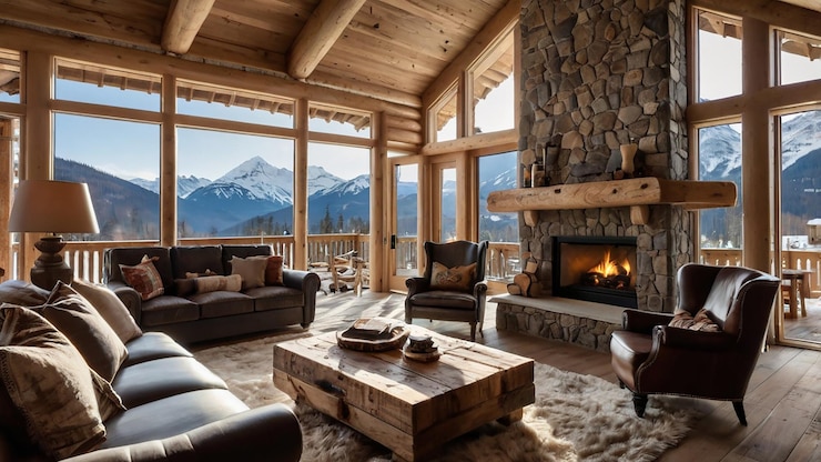 Foto ein wohnzimmer mit kamin und bergen im hintergrund