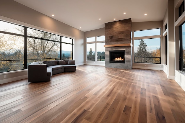 Foto ein wohnzimmer mit kamin und einem großen fenster mit blick auf die berge.