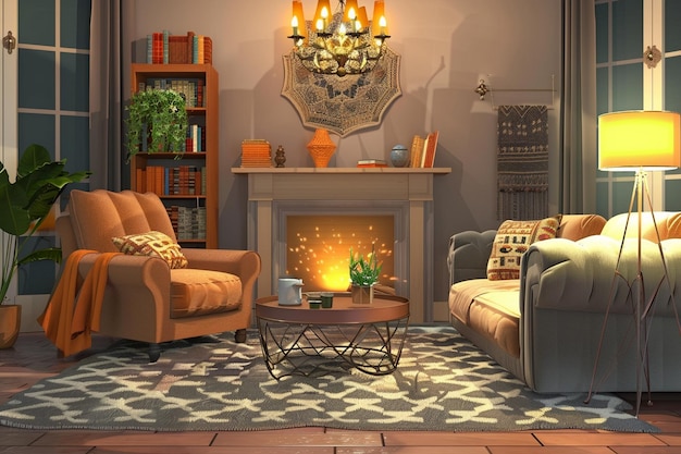 ein Wohnzimmer mit Kamin und einem Stuhl mit Kamin