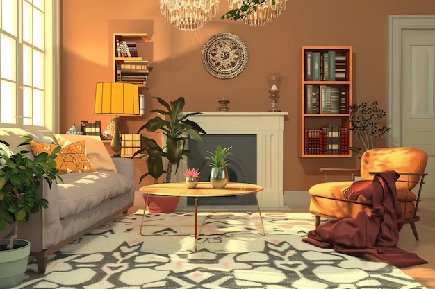ein Wohnzimmer mit Kamin und einer Couch mit einer Lampe